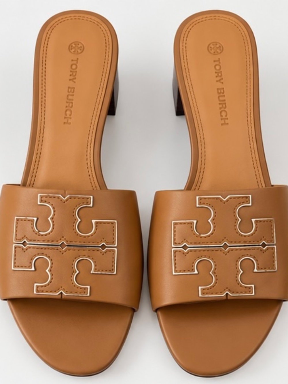 Tory Burch Tan Leather Logo Block Heel Slide Sandals Size 6.5